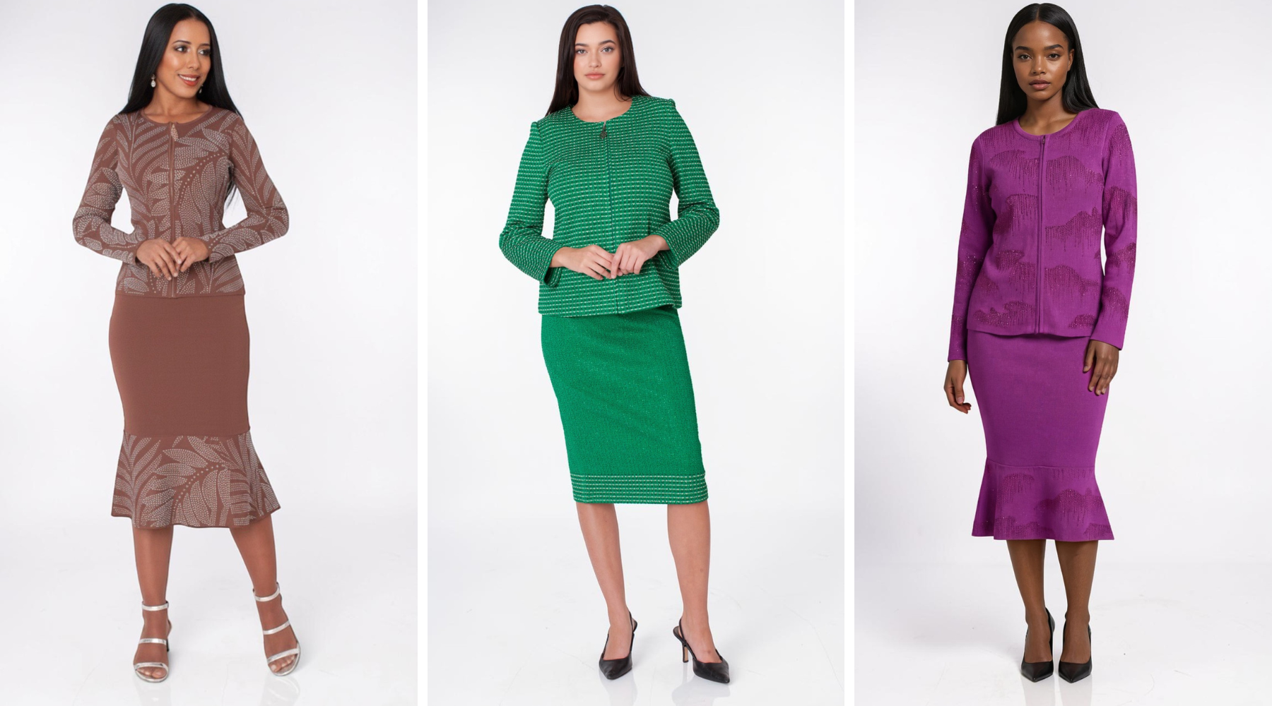 Three women modeling embellished knit skirt suits in brown, emerald green, and magenta with zip-front jackets and coordinating midi skirts against a white studio backdrop – Tally Taylor