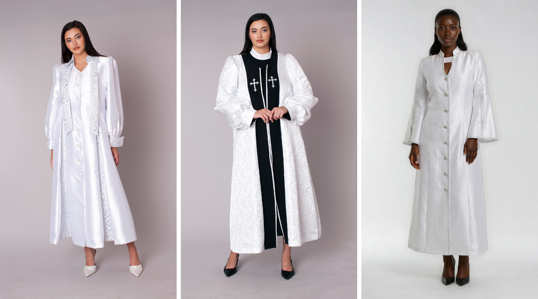 Three women modeling elegant white clergy robes featuring satin finishes, brocade textures, embroidered cross details, bishop sleeves, and flowing church-ready silhouettes in soft gray studio settings – Tally Taylor