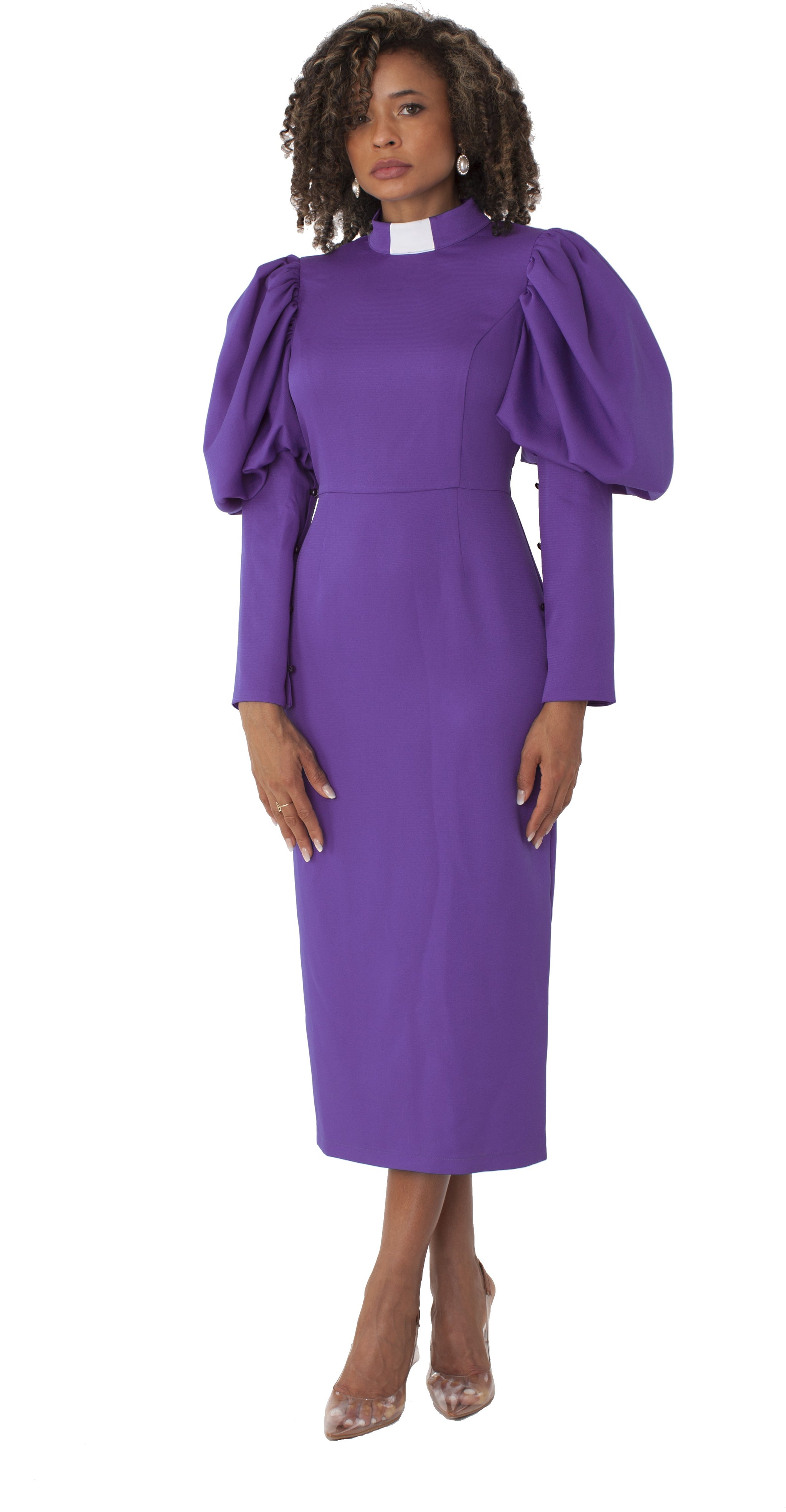 Plus Size Women's Clergy Dress with Puff Sleeves and Classic Collar Black/White / 26W Plus Size Women's Clergy Dress with Puff Sleeves and Classic Collar Black/White / 26W
