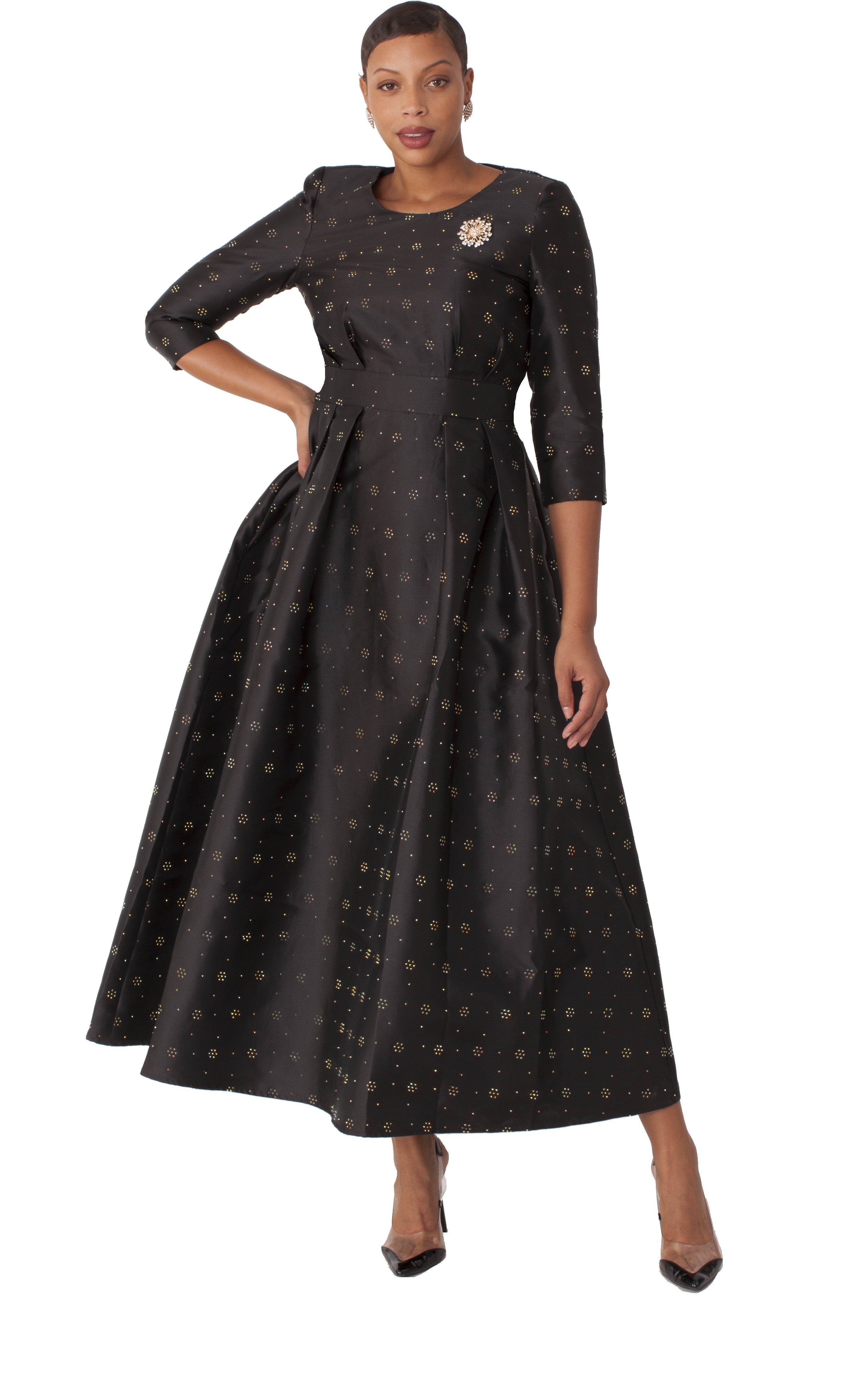 3/4 Sleeve Rhinestone Embellished Church Dress BLACK/GOLD / 6