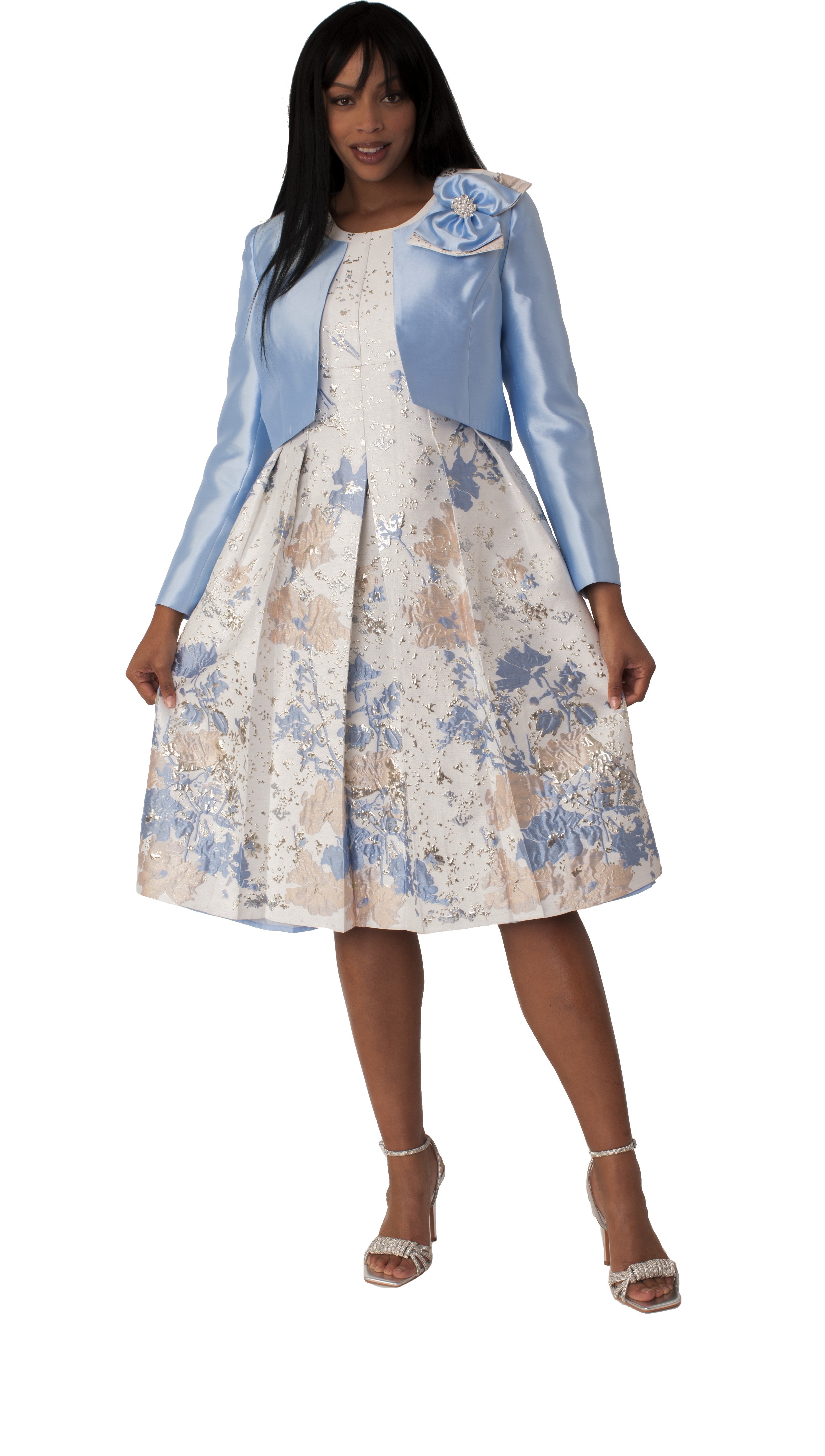 Women's 2-Piece Brocade Jacket Dress with Bow Brooch 4830 - Blue/Multi Women's 2-Piece Brocade Jacket Dress with Bow Brooch 4830 - Blue/Multi