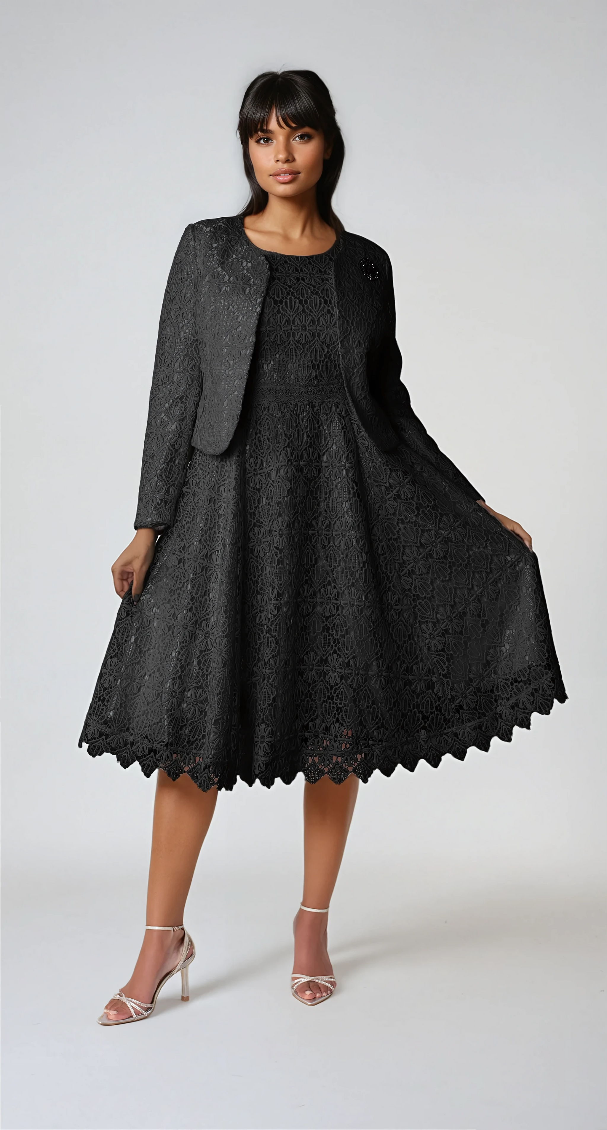 Tailor The Dress  テイラー　ザ　ドレス　ジャケット Elegant Two-Piece Lace Dress & Satin Jacket Set – Tally Taylor