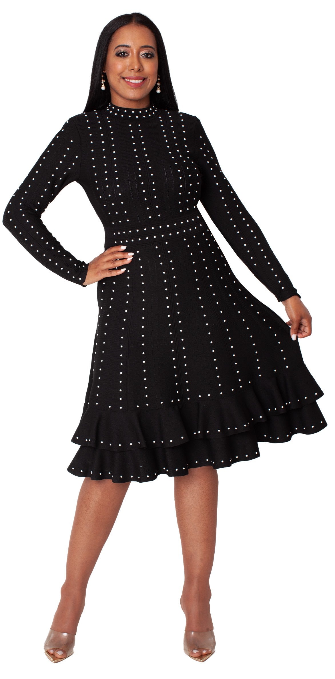 Black Knit Studded Dress with Ruffle Hem -5374 Tally Taylor Black Knit Studded Dress with Ruffle Hem -5374 Tally Taylor