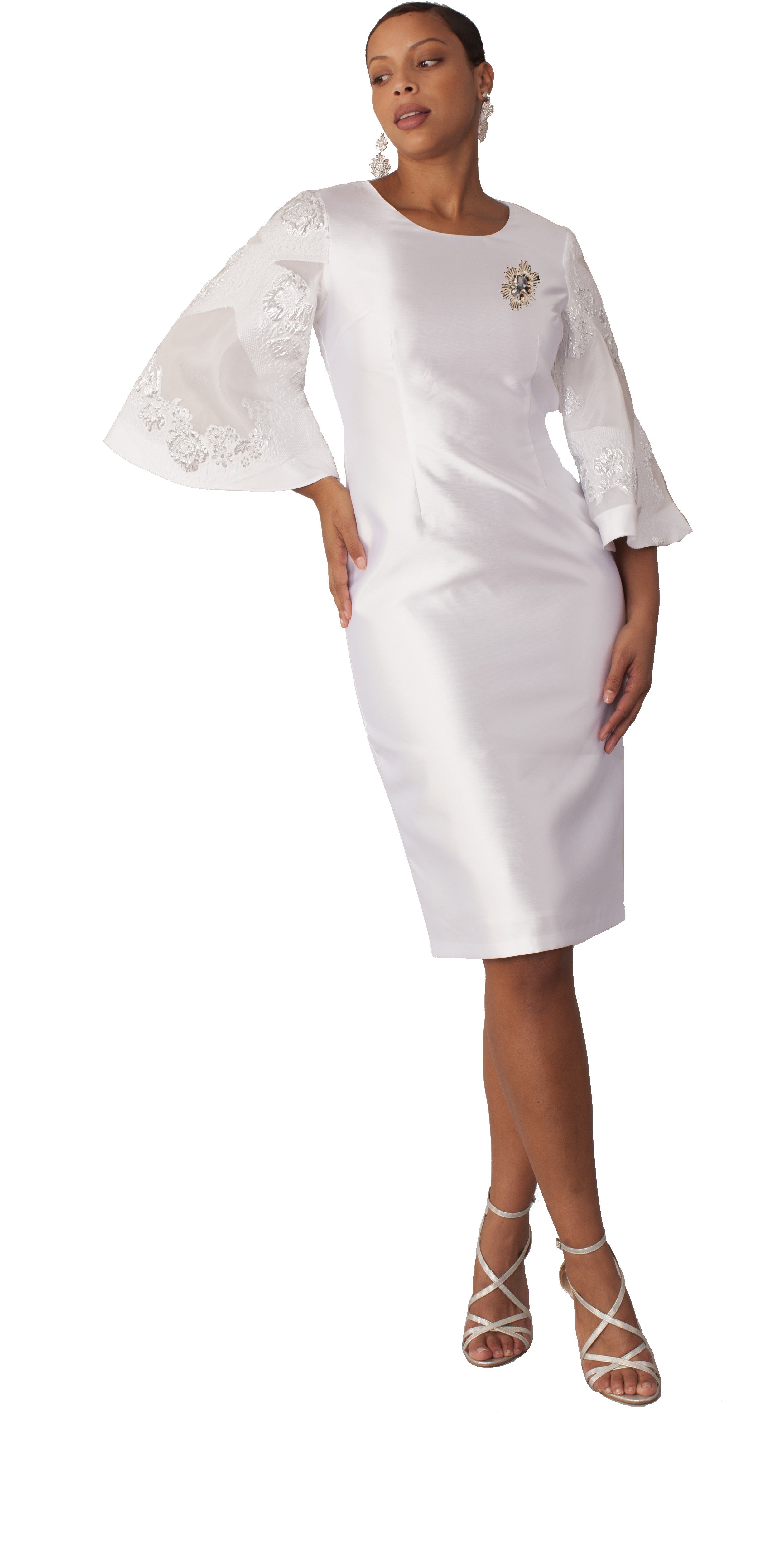 White Bell Sleeve Sheath Dress with Crystal Brooch – Tally Taylor