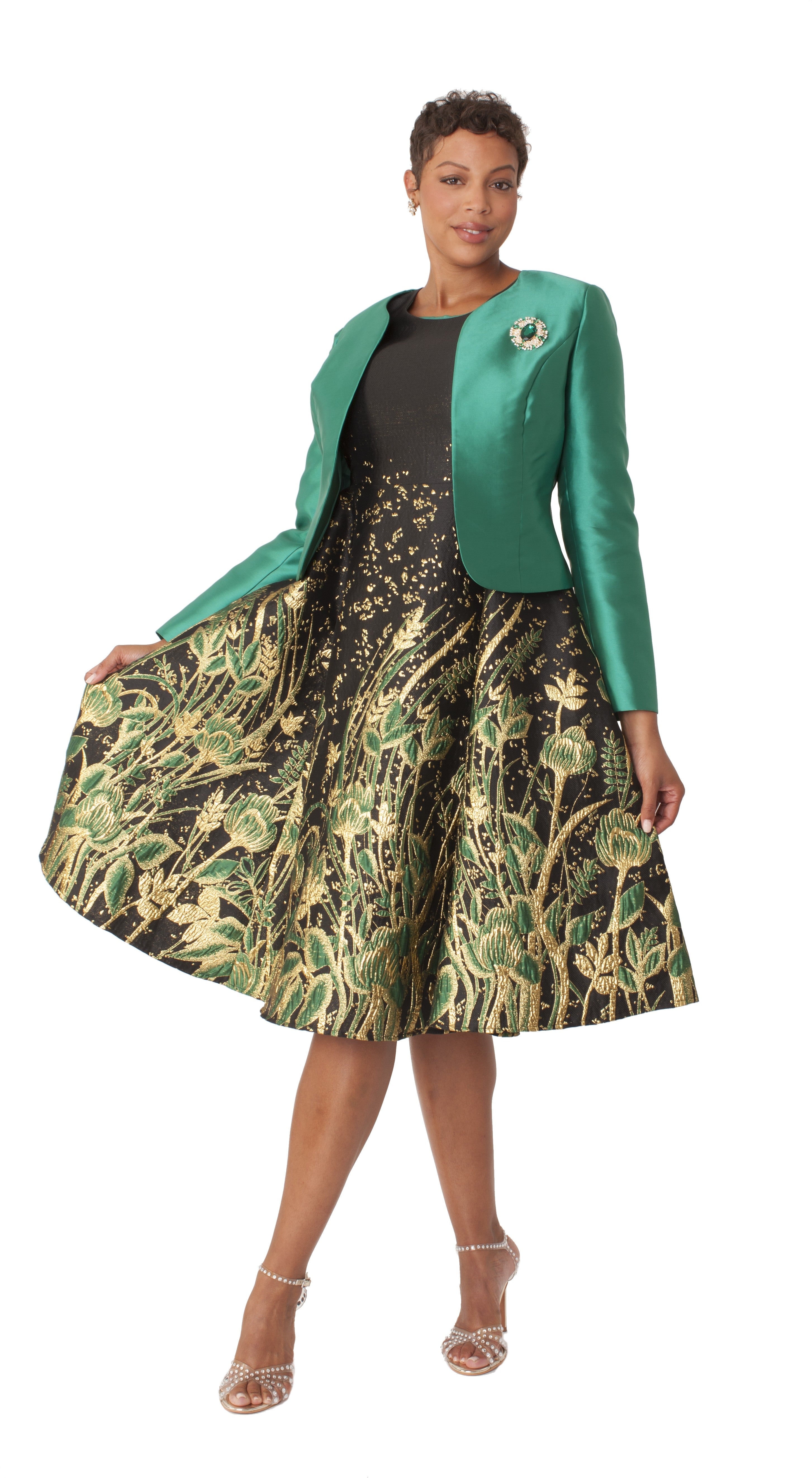 Elegant Two-Piece Brocade Dress & Jacket Set Emerald Multi / 8 Elegant Two-Piece Brocade Dress & Jacket Set Emerald Multi / 8