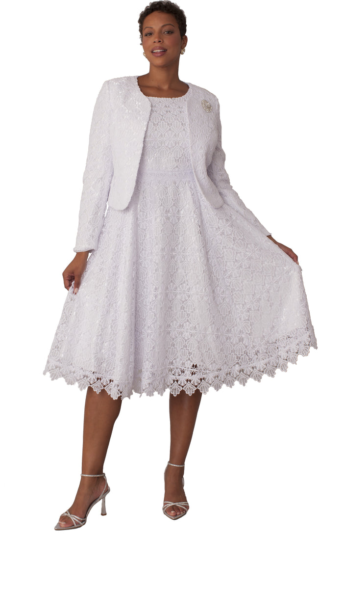 Elegant Two-Piece Lace Dress & Satin Jacket Set White / 6