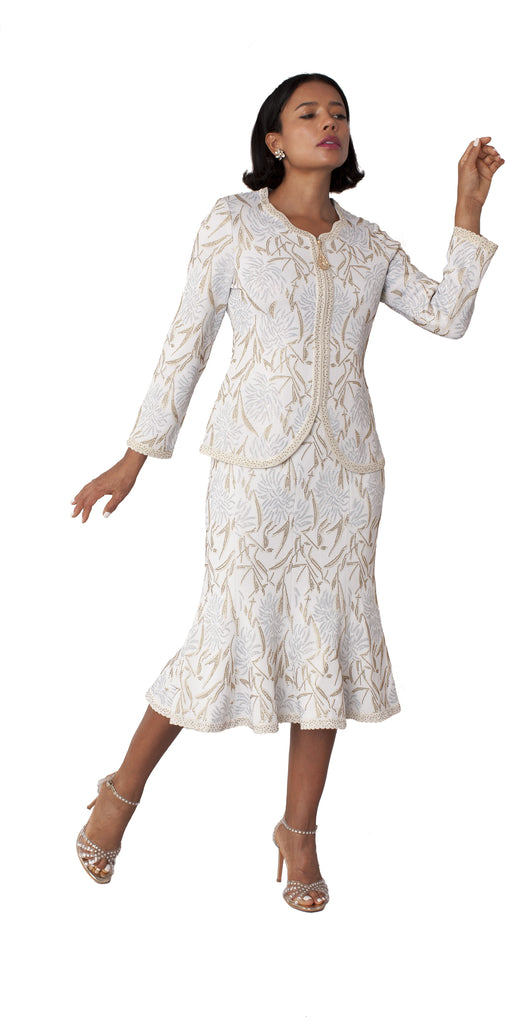 Elegant Floral Embroidered 2-Piece Dress Suit with Scalloped Trim Ivory/Gold / 12
