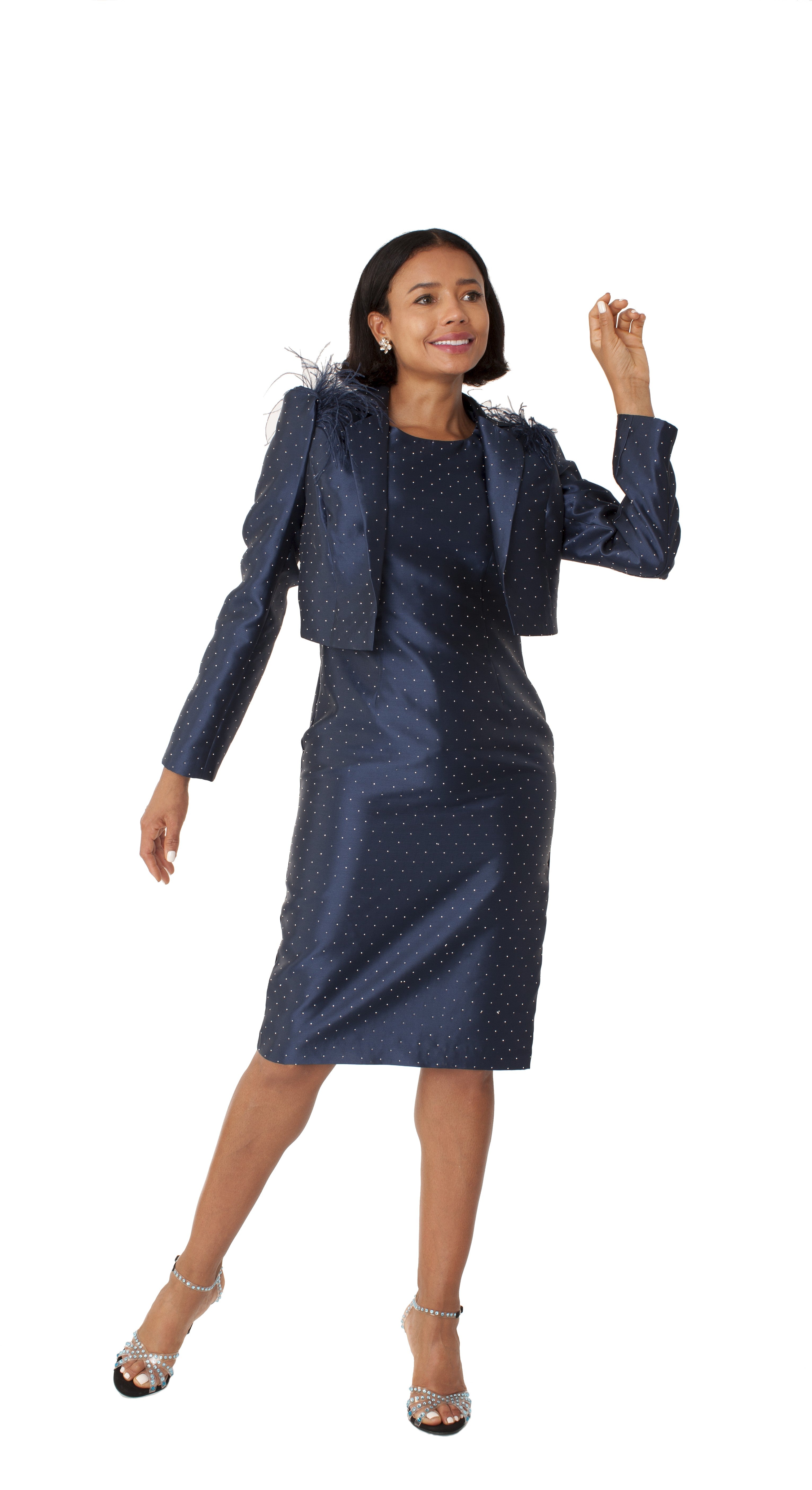 Navy Cocktail Dress and Jacket with Rhinestones & Feathered Shoulders – Tally Taylor