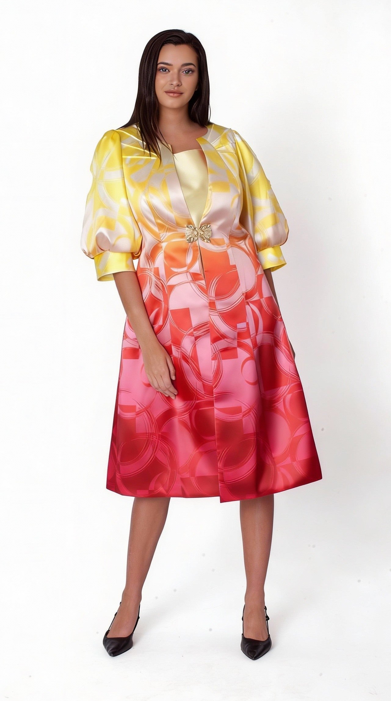 Ombre Abstract Print Jacket Dress Set - 41090 YELLOW MULTI / 12 Ombre Abstract Print Jacket Dress Set - 41090 YELLOW MULTI / 12