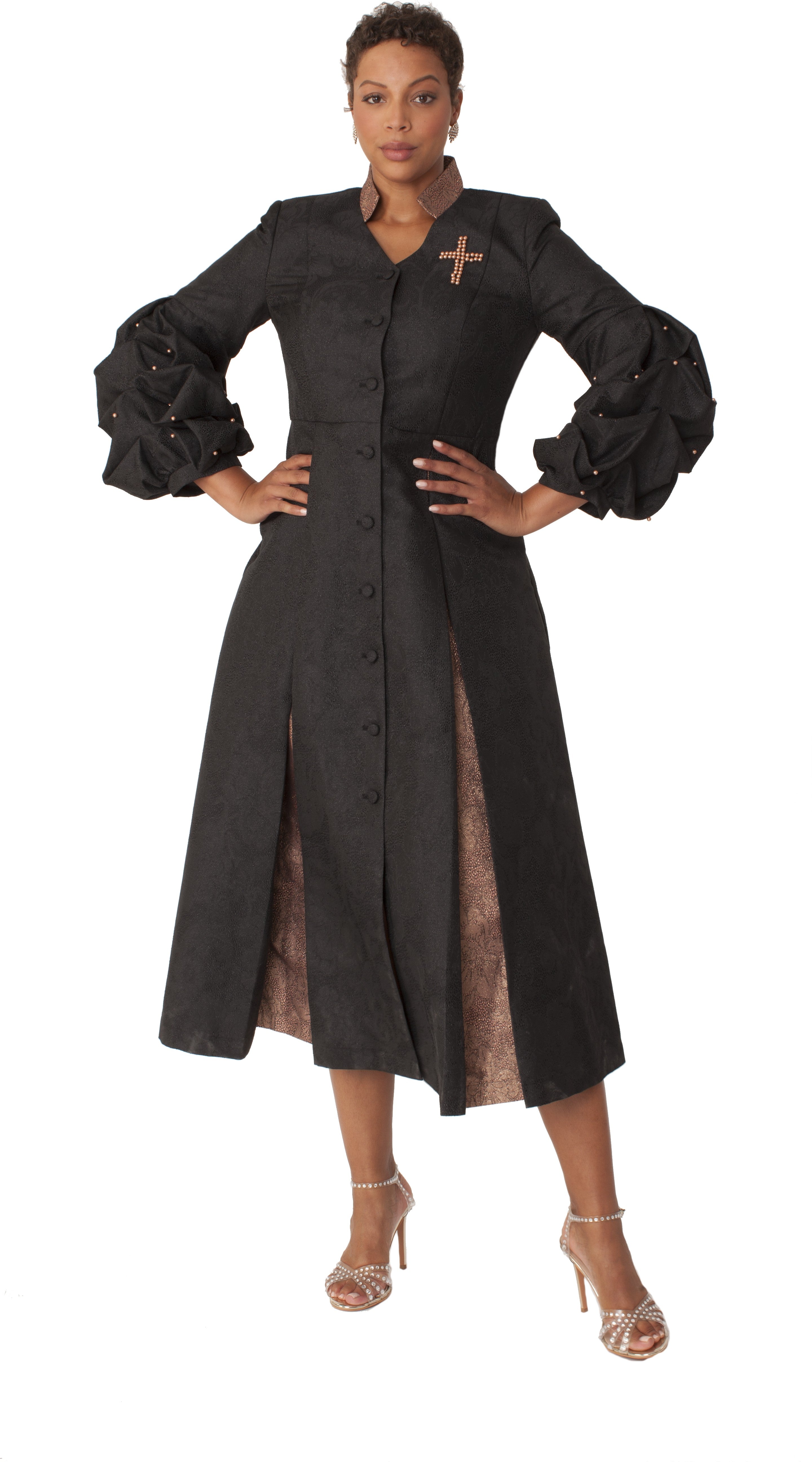 Plus Size Formal Church Coat Dress with Puff Sleeves and Pearl Cross BLACK/GOLD / 16W