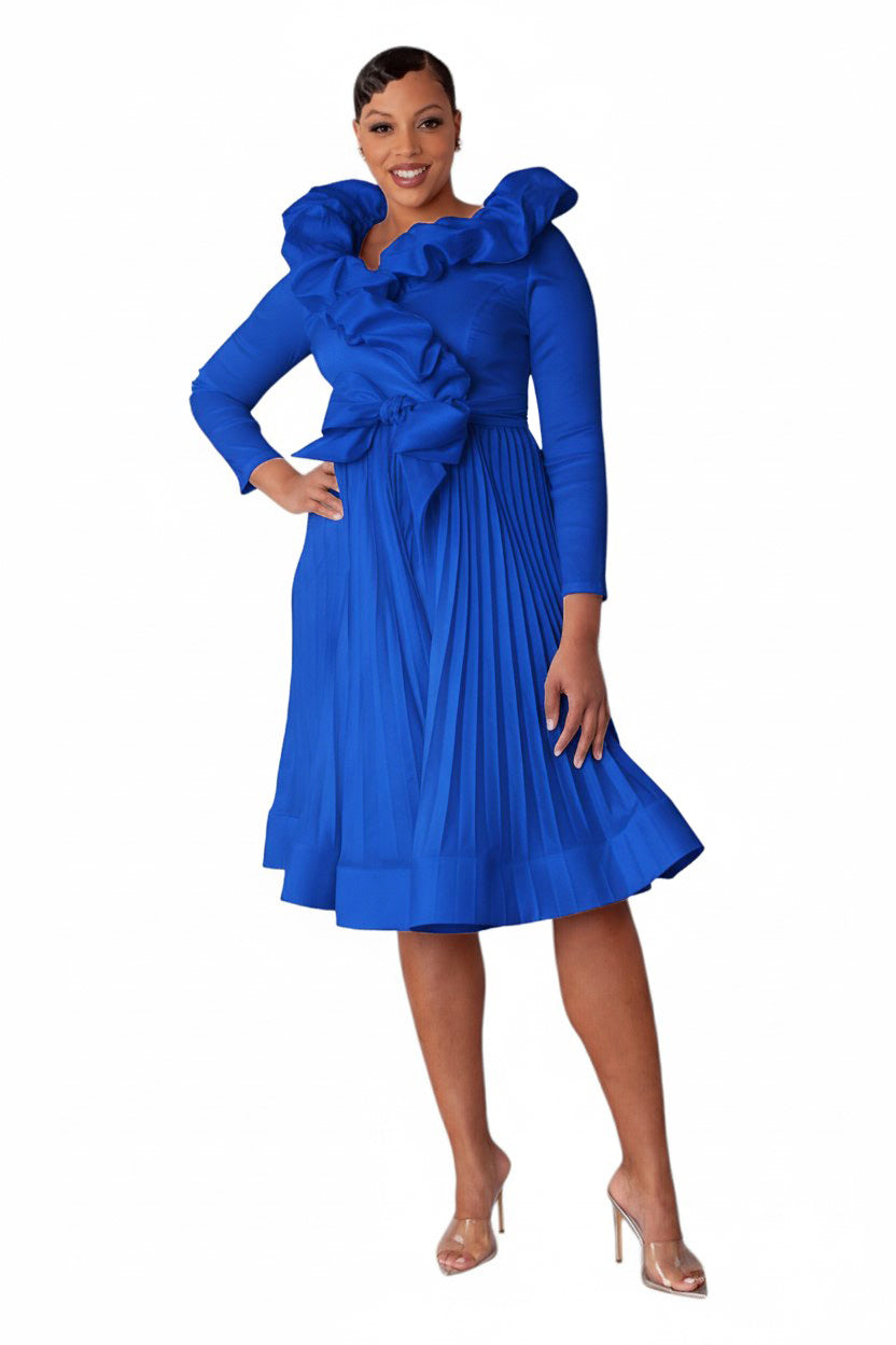 Elegant Ruffled Pleated Dress ROYAL/BLUE / 18 Elegant Ruffled Pleated Dress ROYAL/BLUE / 18