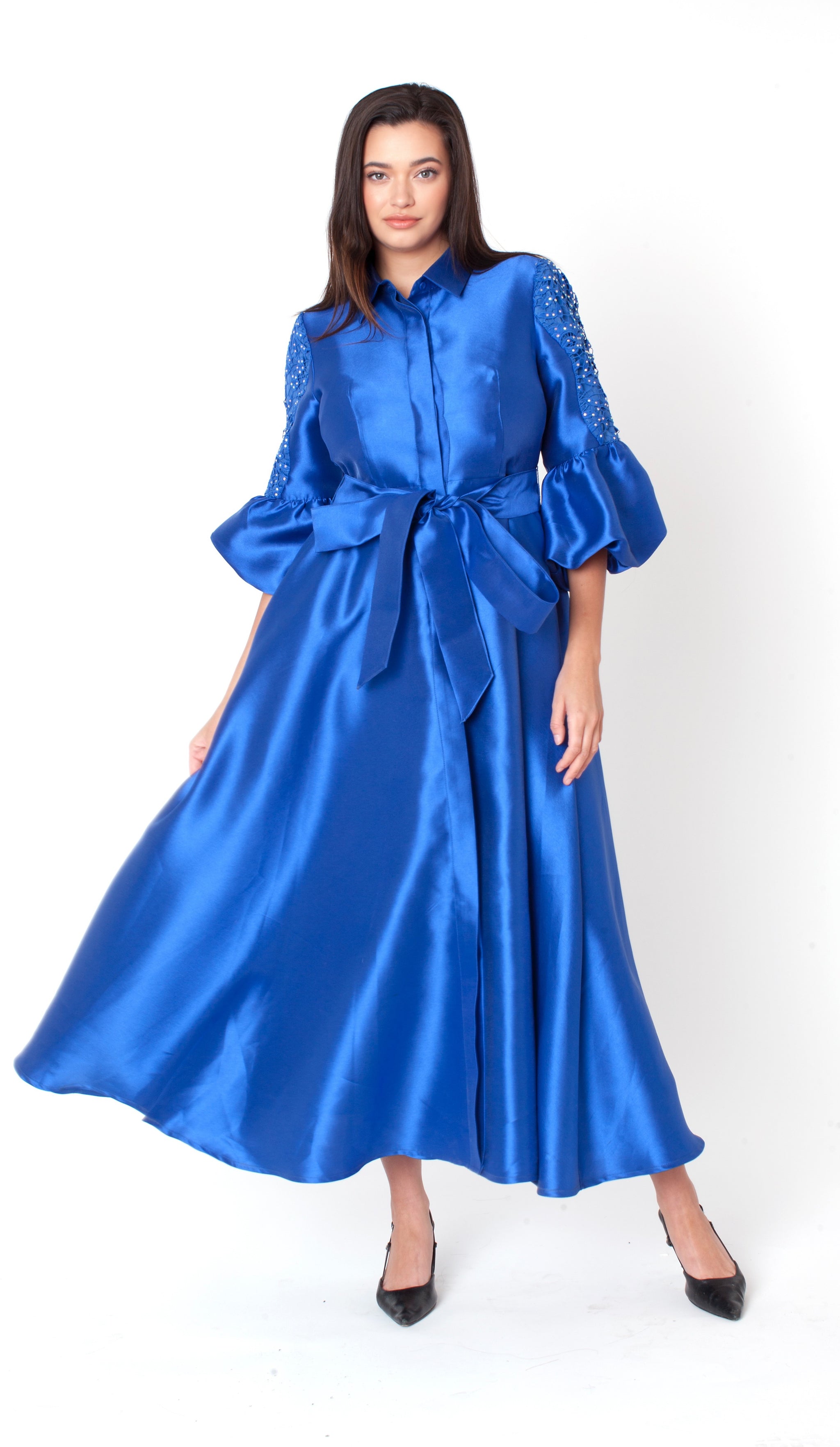 tie waist long sleeve dress Bishop Tie-Waist Maxi Jacket Size:34 2025 NH SPRING FORMALS No stretch Body Elegant Emerald Green Off