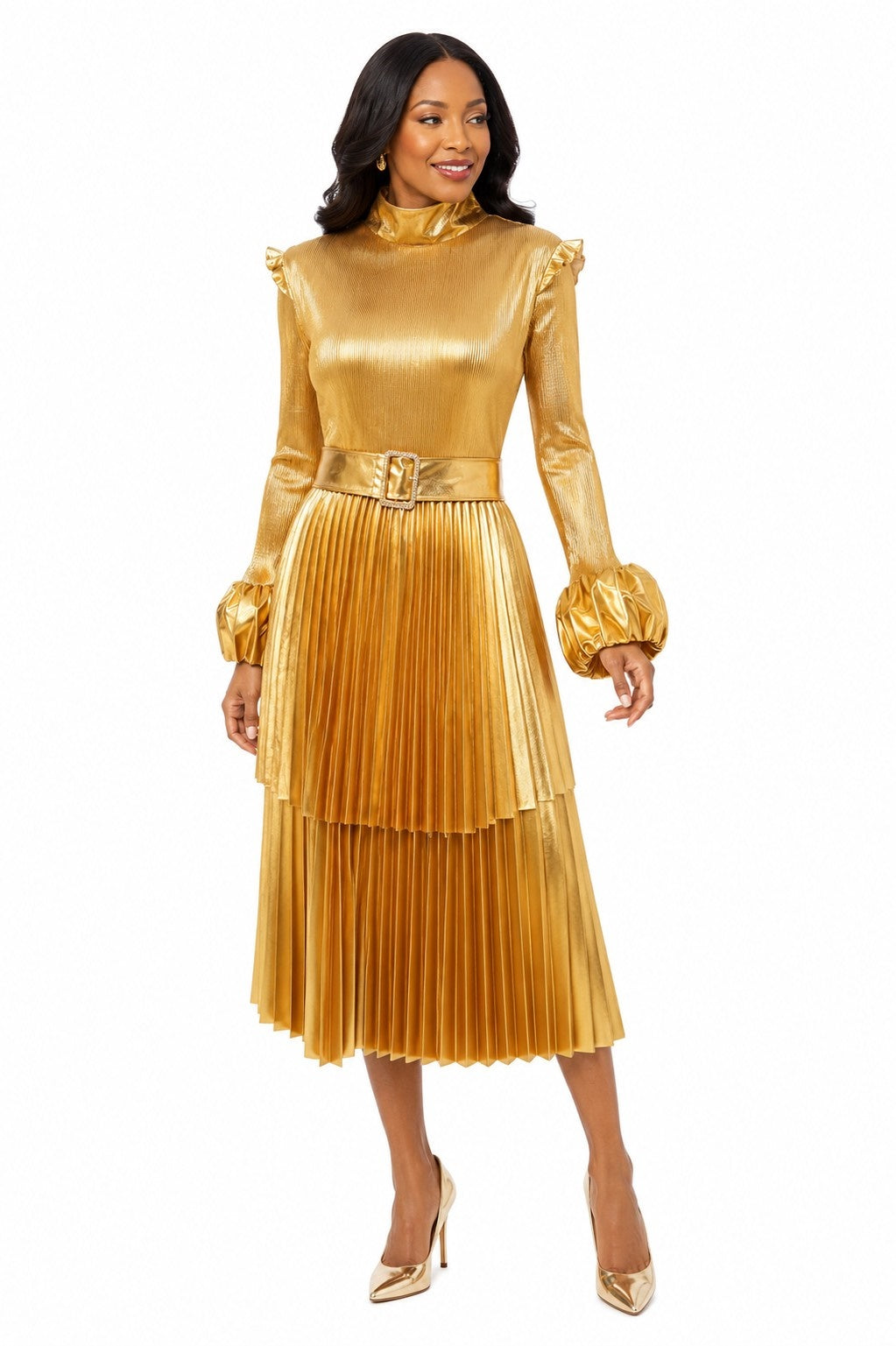 metallic gold long sleeve midi dress Pleated Statement flared hem dress