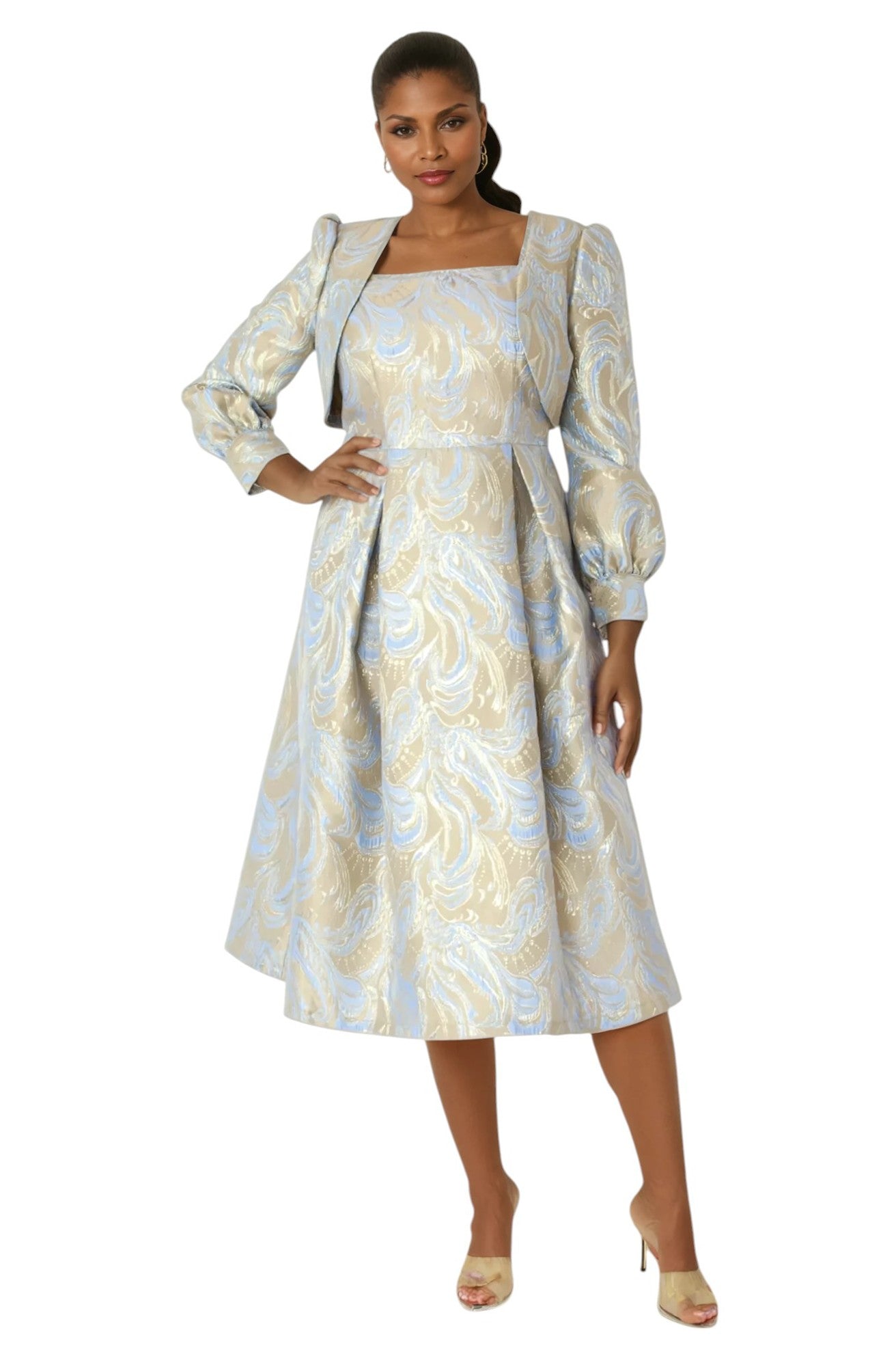 Two-Piece Metallic Swirl Brocade Dress with Balloon Sleeve Jacket – Tally Taylor