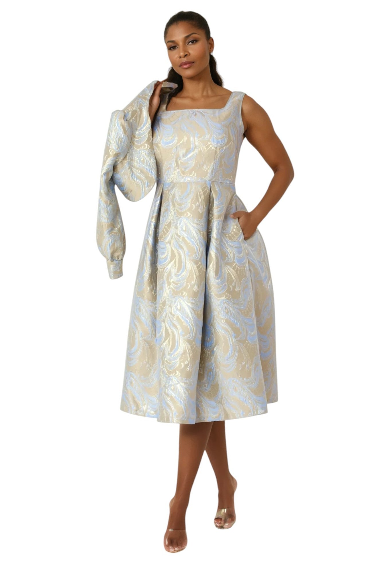 Two-Piece Metallic Swirl Brocade Dress with Balloon Sleeve Jacket – Tally Taylor