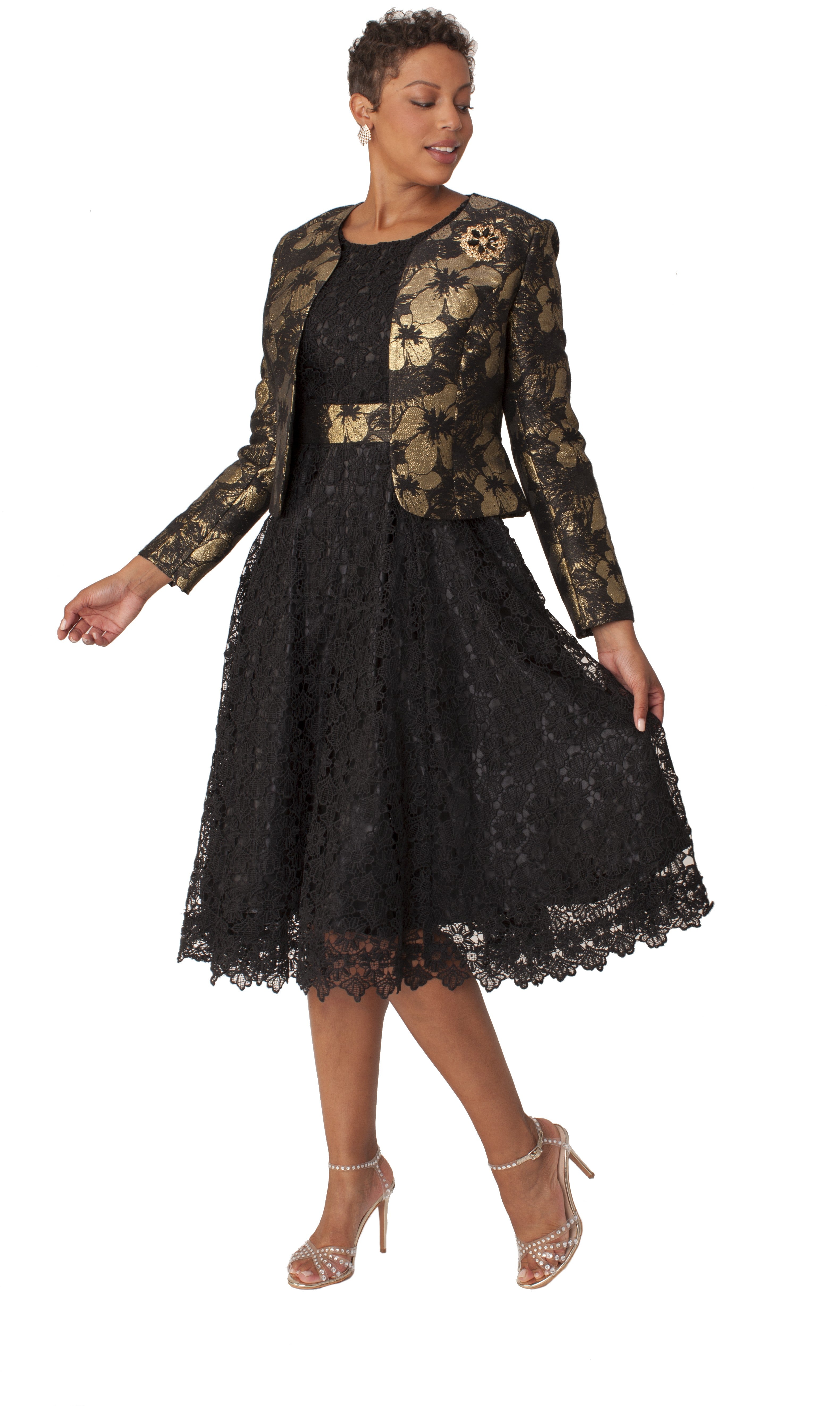 Elegant Woven Jacket & Lace Dress Set BLACK/GOLD / 8 Elegant Woven Jacket & Lace Dress Set BLACK/GOLD / 8