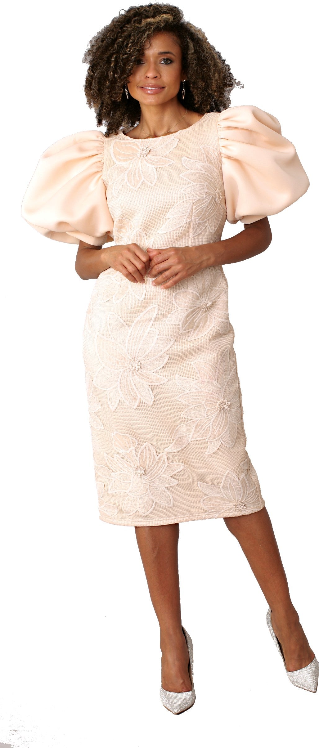 knee length dresses for ladies Navy Floral Jacquard Puff Sleeve Maternity Midi Dress
